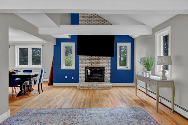 Dining room, Fireplace, Interior, Stone Walls, Wood Texture Flooring