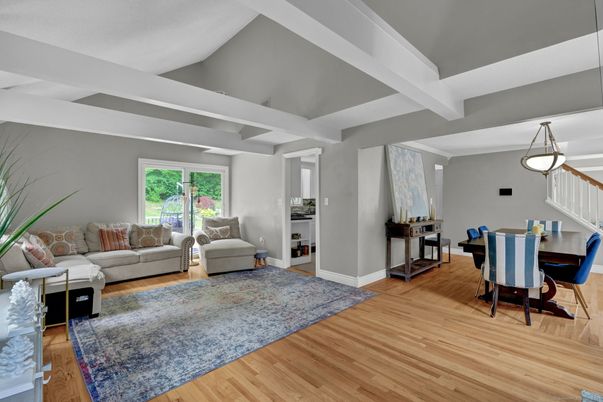 Dining room, Interior, Living room, Pendant Lights, Wood Texture Flooring