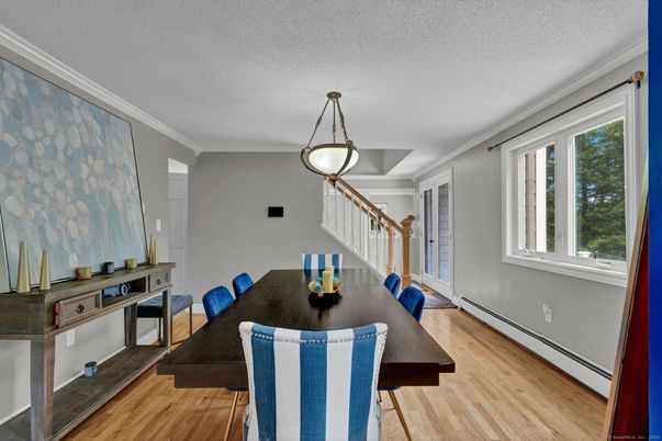 Dining room, Interior, Pendant Lights, Wood Texture Flooring