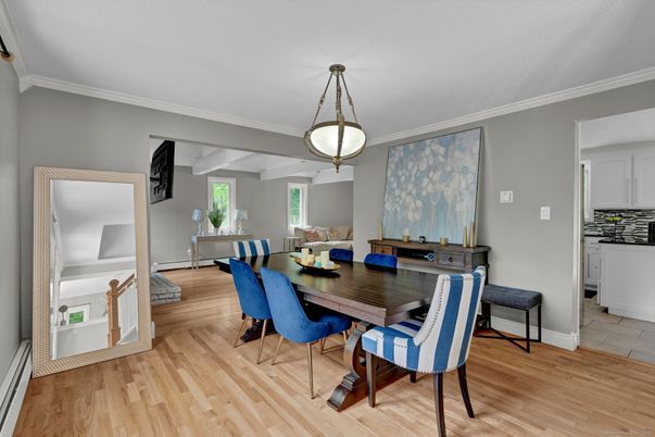 Dining room, Interior, Pendant Lights, Wood Texture Flooring