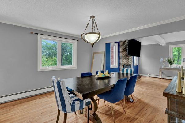 Dining room, Interior, Pendant Lights, Wood Texture Flooring