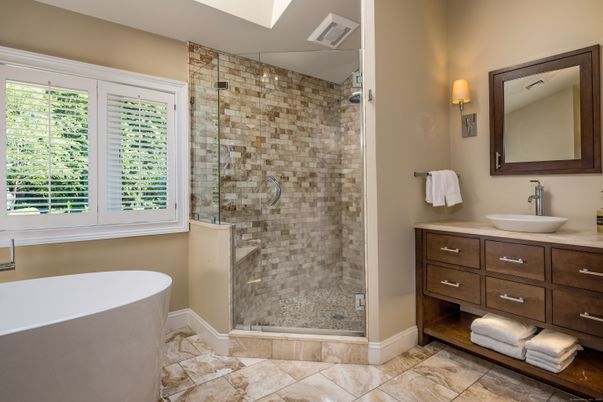 Bathroom, Dual Sink Vanities, Free Standing Baths, Glass Shower, Interior, Stone Walls