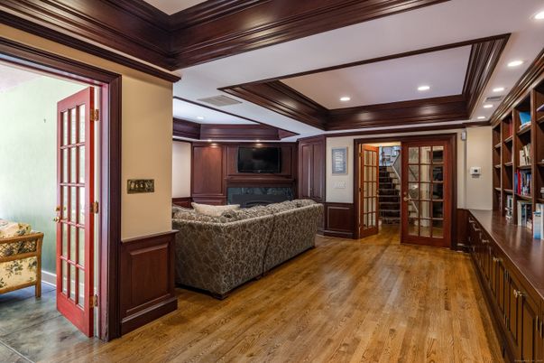 Fireplace, Interior, Living room, Recessed Lighting, Wood Texture Flooring