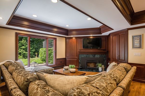 Fireplace, Interior, Living room, Recessed Lighting, Wood Texture Flooring