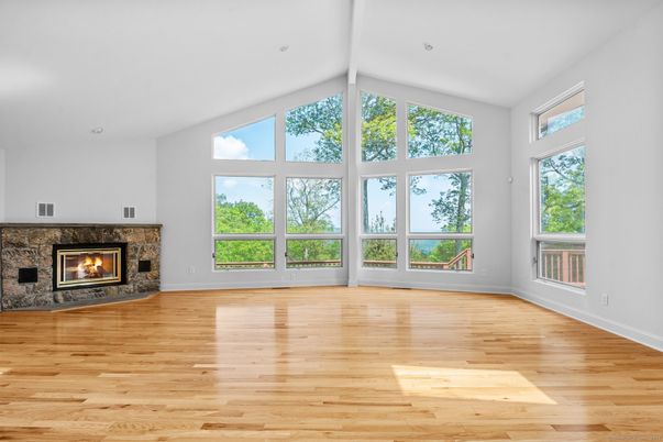 Empty room, Fireplace, Interior, Recessed Lighting, Wood Texture Flooring