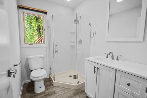 Bathroom, Glass Shower, Interior, Recessed Lighting, Wood Texture Flooring