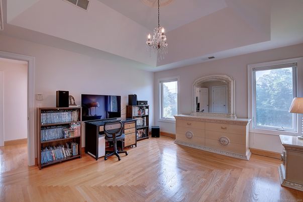 Chandelier, Home Office, Interior, Wood Texture Flooring