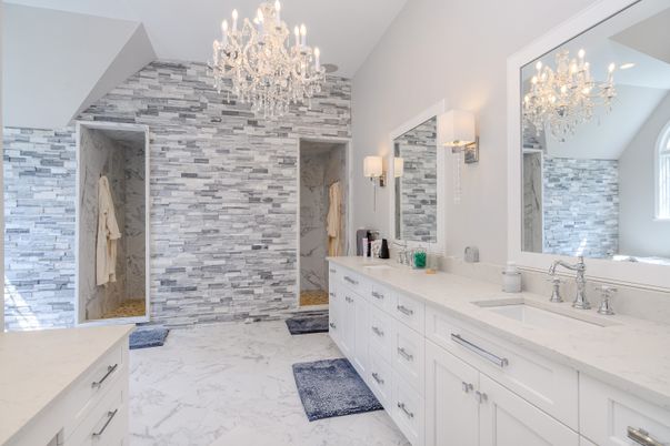 Bathroom, Chandelier, Dual Sink Vanities, Interior, Marble