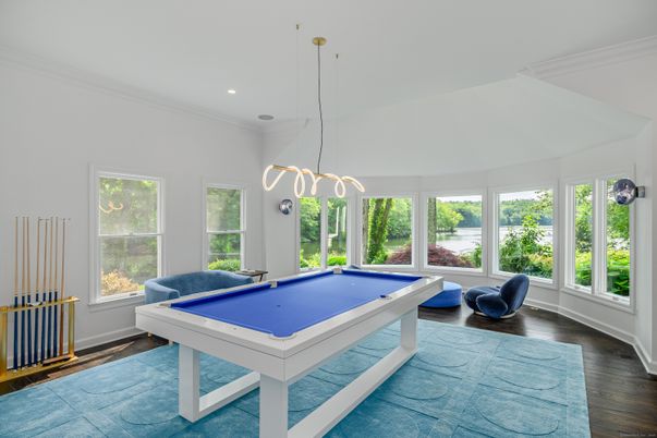 Billiard Table, Game Room, Interior, Pendant Lights, Recessed Lighting, Wood Texture Flooring