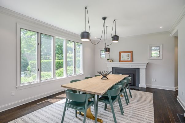 Dining room, Fireplace, Interior, Pendant Lights, Recessed Lighting, Wood Texture Flooring