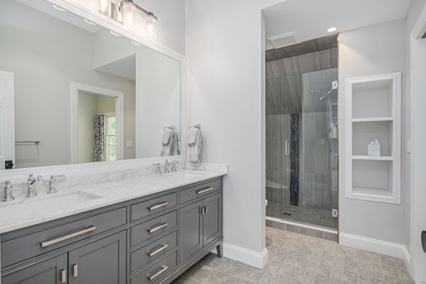 Bathroom, Dual Sink Vanities, Glass Shower, Interior, Recessed Lighting