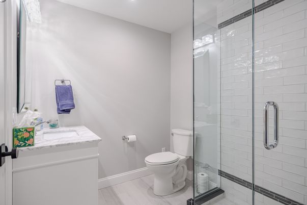 Bathroom, Glass Shower, Interior, Recessed Lighting, Wood Texture Flooring