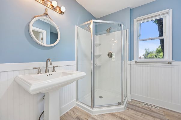 Bathroom, Glass Shower, Interior, Wood Texture Flooring