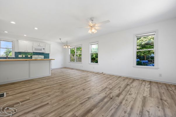 Chandelier, Empty room, Interior, Kitchen, Pendant Lights, Recessed Lighting, Wood Texture Flooring