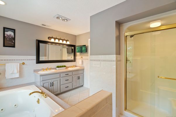 Bathroom, Dual Sink Vanities, Glass Shower, Interior, Recessed Lighting