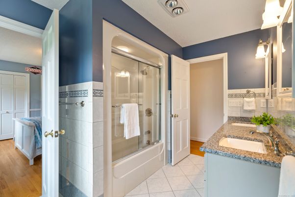 Bathroom, Glass Shower, Interior, Wood Texture Flooring