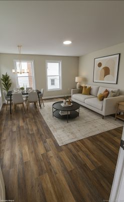 Dining room, Interior, Living room, Recessed Lighting, Wood Texture Flooring
