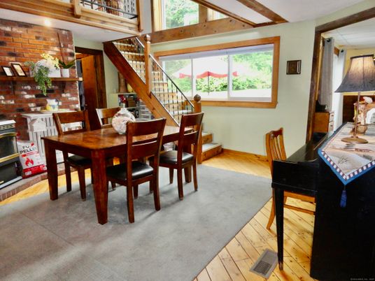 Dining room, Interior, Piano, Stone Walls, Wooden Beams, Wood Texture Flooring