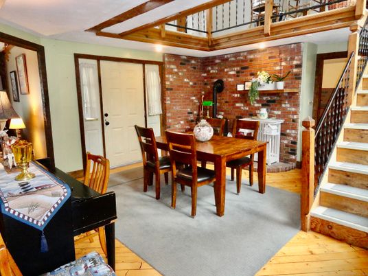 Dining room, Interior, Piano, Stone Walls, Wooden Beams, Wood Texture Flooring