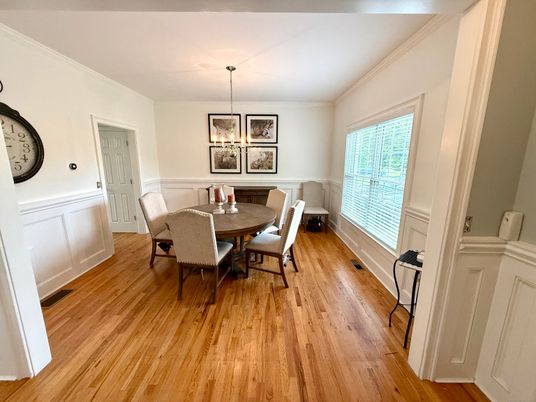 Dining room, Interior, Pendant Lights, Wood Texture Flooring