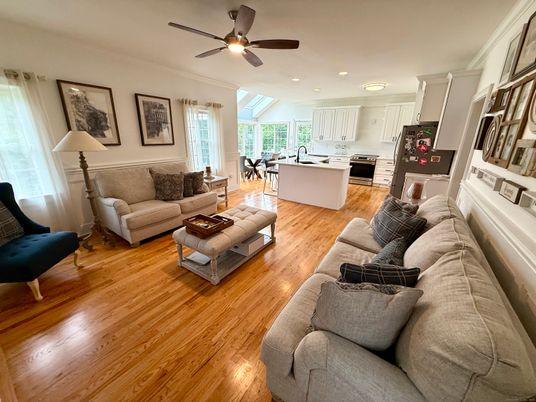 Dining room, Interior, Kitchen, Living room, Recessed Lighting, Wood Texture Flooring