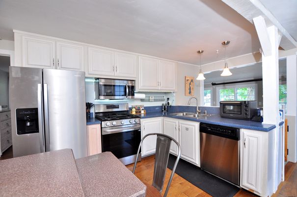 Interior, Kitchen, Pendant Lights, Stainless Steel Appliances, Wood Texture Flooring