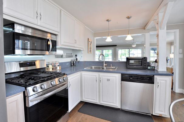 Interior, Kitchen, Pendant Lights, Stainless Steel Appliances, Wood Texture Flooring