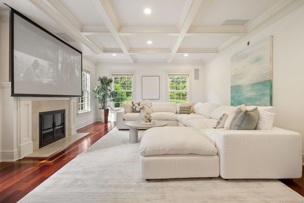 Fireplace, Interior, Living room, Recessed Lighting, Wood Texture Flooring
