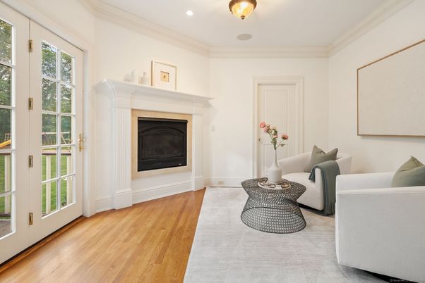 Fireplace, Interior, Living room, Recessed Lighting, Wood Texture Flooring