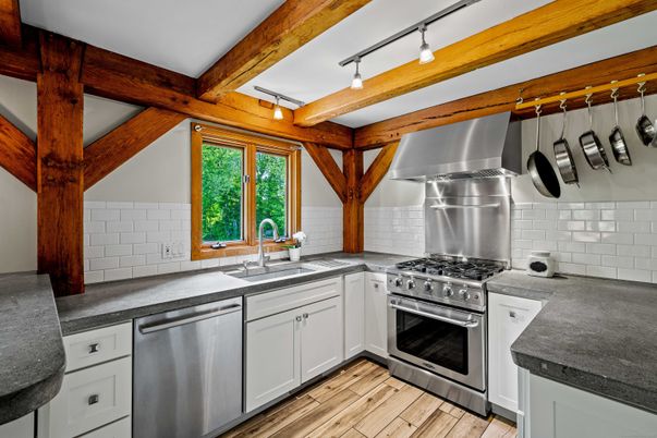 Interior, Kitchen, Stainless Steel Appliances, Wooden Beams, Wood Texture Flooring