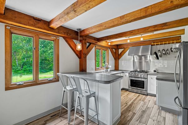 Interior, Kitchen, Stainless Steel Appliances, Wooden Beams, Wood Texture Flooring