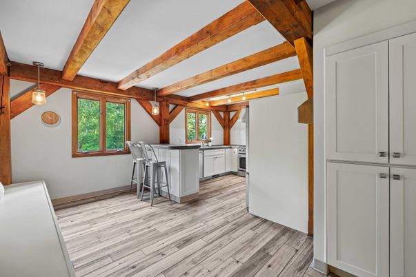 Interior, Kitchen, Pendant Lights, Wooden Beams, Wood Texture Flooring