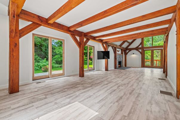 Empty room, Fireplace, Interior, Wooden Beams, Wood Texture Flooring