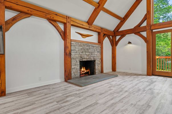Empty room, Fireplace, Interior, Wooden Beams, Wood Texture Flooring