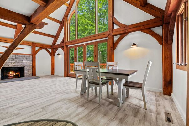 Dining room, Fireplace, Interior, Wooden Beams, Wood Texture Flooring