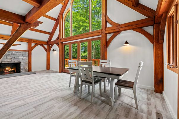 Dining room, Fireplace, Interior, Wooden Beams, Wood Texture Flooring