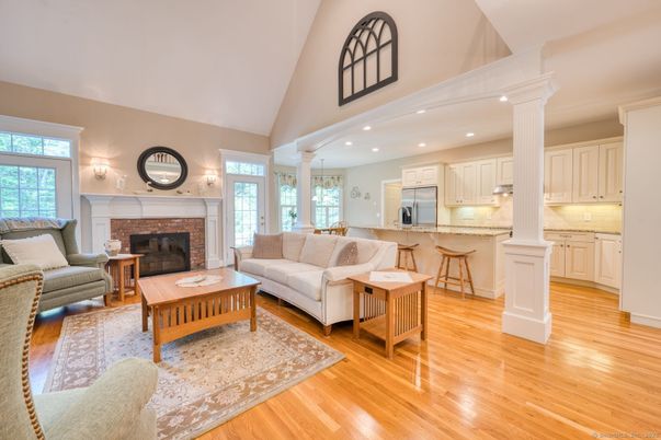 Fireplace, Interior, Kitchen, Living room, Recessed Lighting, Wood Texture Flooring