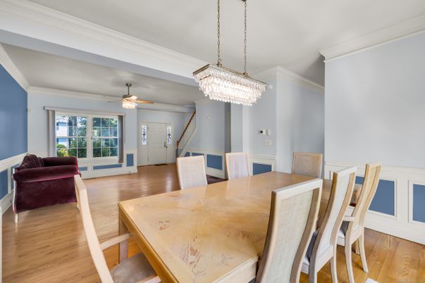 Chandelier, Dining room, Interior, Wood Texture Flooring