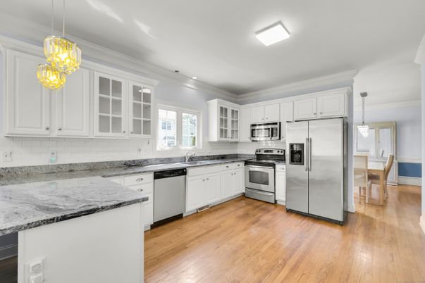 Interior, Kitchen, Pendant Lights, Recessed Lighting, Stainless Steel Appliances, Wood Texture Flooring