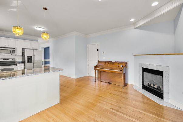 Fireplace, Interior, Kitchen, Pendant Lights, Piano, Recessed Lighting, Stainless Steel Appliances, Wood Texture Flooring