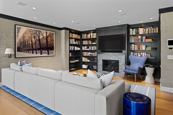 Fireplace, Interior, Living room, Recessed Lighting, Wood Texture Flooring