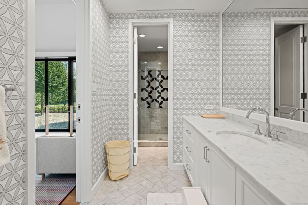 Bathroom, Glass Shower, Interior, Marble, Recessed Lighting