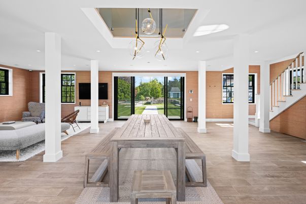 Dining room, Interior, Pendant Lights, Recessed Lighting, Wood Texture Flooring