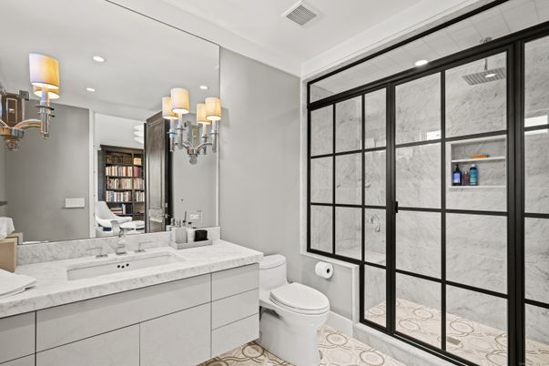 Bathroom, Glass Shower, Interior, Marble Walls, Recessed Lighting