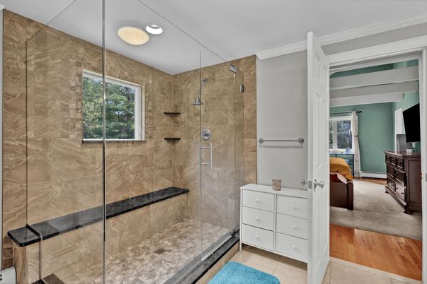 Bathroom, Glass Shower, Interior, Recessed Lighting, Wood Texture Flooring