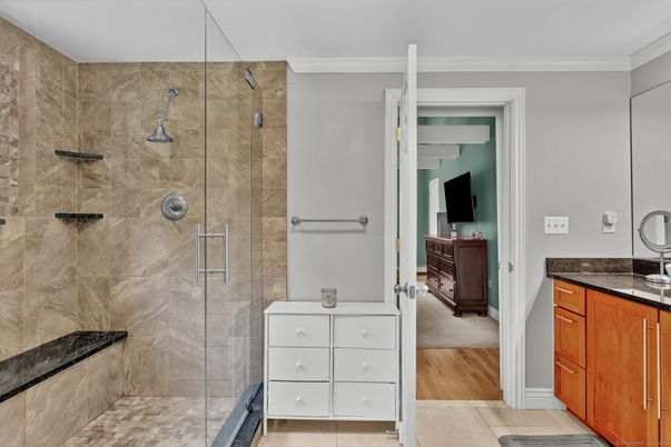 Bathroom, Glass Shower, Interior, Wood Texture Flooring