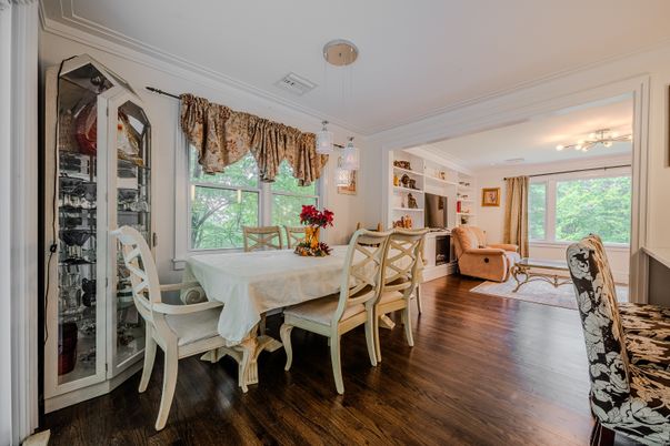 Dining room, Interior, Living room, Pendant Lights, Wood Texture Flooring