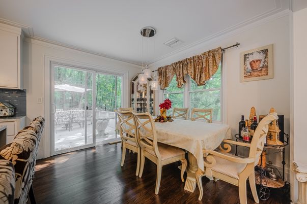 Dining room, Interior, Pendant Lights, Wood Texture Flooring