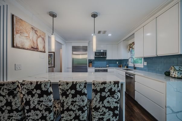 Interior, Kitchen, Pendant Lights, Recessed Lighting, Stainless Steel Appliances, Wood Texture Flooring