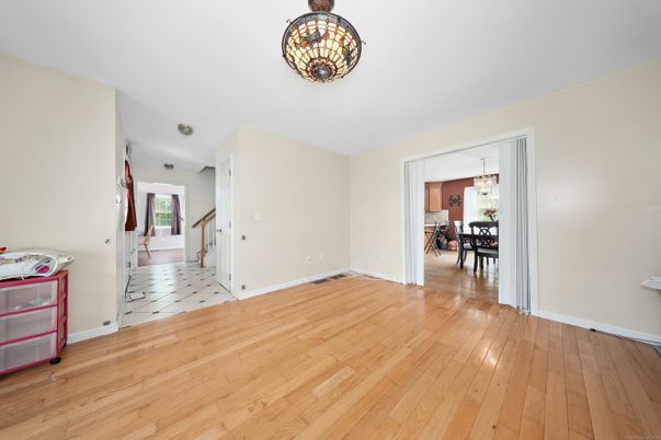 Chandelier, Dining room, Empty room, Interior, Pendant Lights, Wood Texture Flooring
